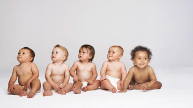 Five babies in diapers looking to the right except for the last baby looking the other way.