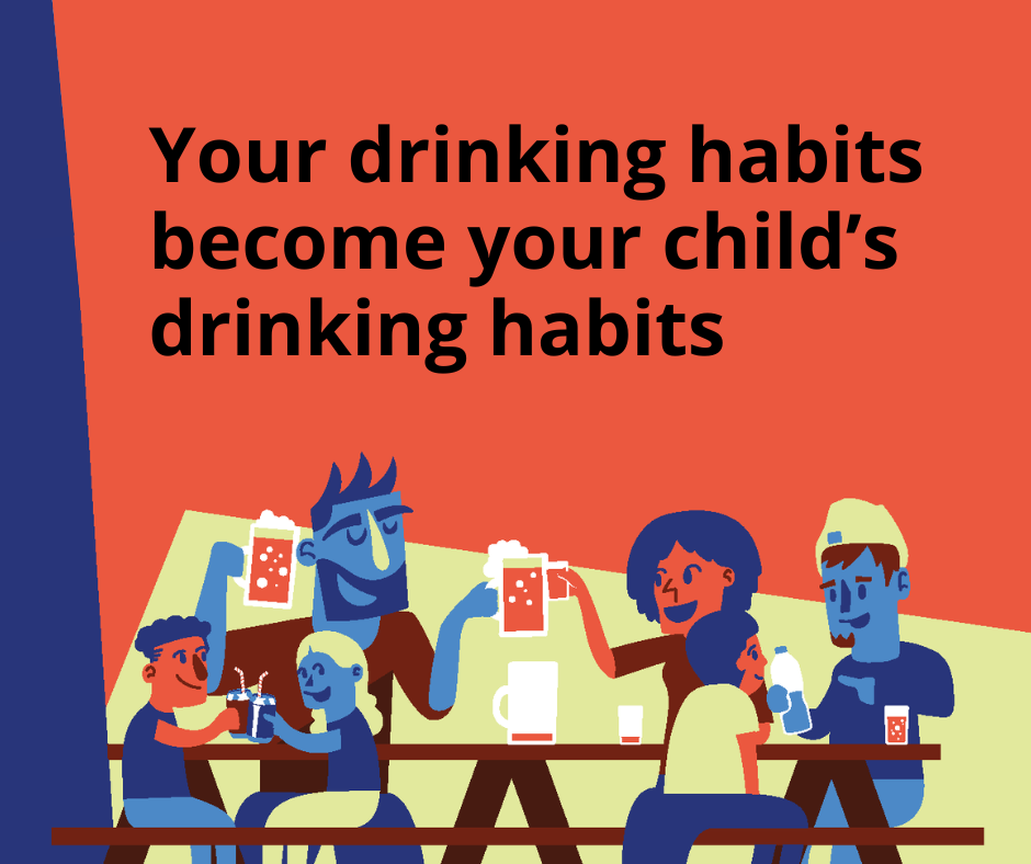 Your drinking habits become your child's drinking habits with an illustration of people sitting at picnic tables drinking