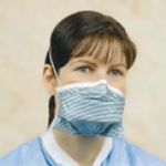 An adult wearing respiration protective mask.