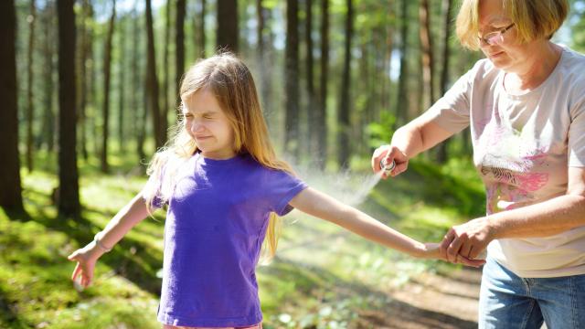 Adult applying insect repellent to a child at a park