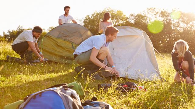 Friends setting up tents outdoors