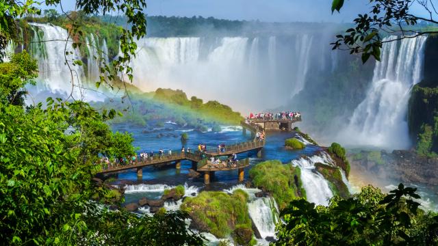 Tourists at Iguazu Falls on the border of Brazil and Argentina