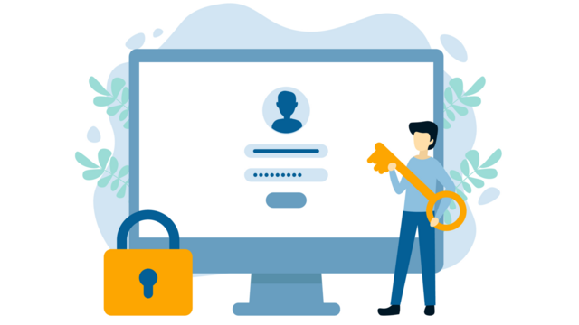 Illustration of adult holding a key next to a lock in front of a PC asking for login credentials