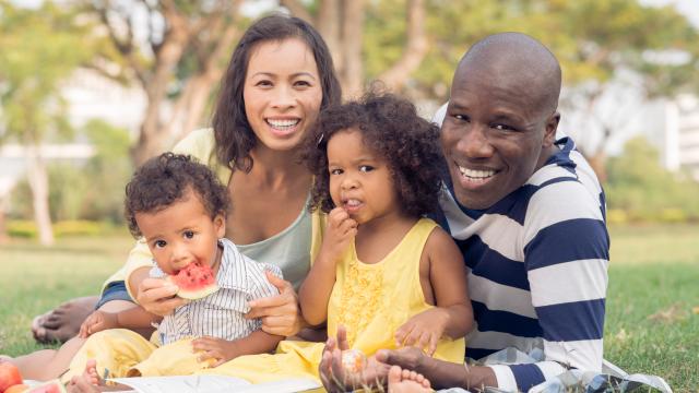 A happy family of four picnicking at a park.