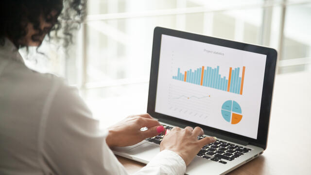 An adult analyzing charts on a laptop