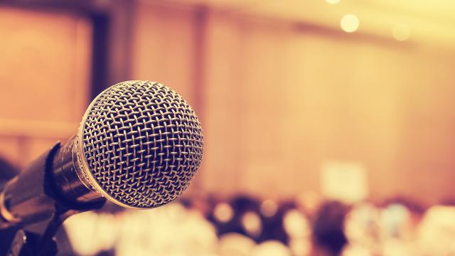 A microphone in a conference room.