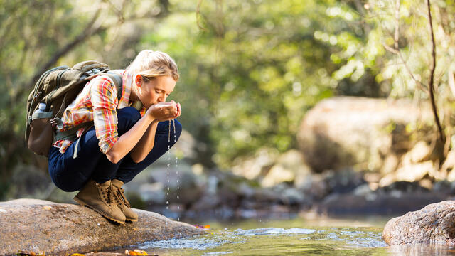 An adult crouched down on a rock to drink water from a mountain stream.