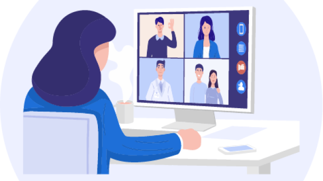 Illustration of an adult video conferencing on a pc