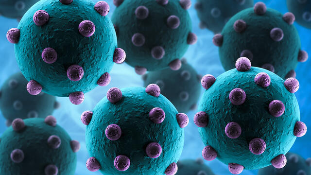 Graphic of H1N1, Bird Flu virus -blue ball shaped with purple bumps all over