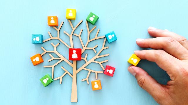 Wooden tree with a hand placing squares with people icons on the tree