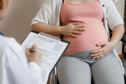 Pregnant adult holding belly while doctor takes notes