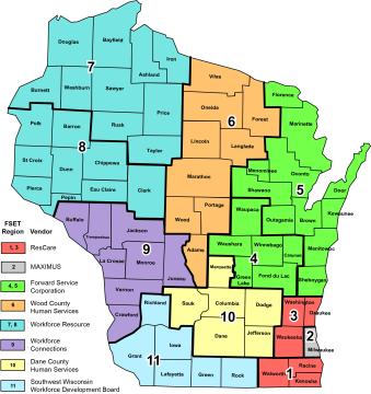 Wisconsin Map of FoodShare Employment and Training (FSET) Program Regions and Service Providers