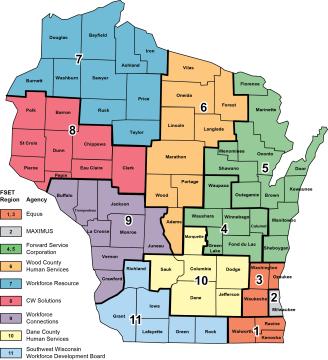 Wisconsin Map of FoodShare Employment and Training (FSET) Program Regions and Service Providers