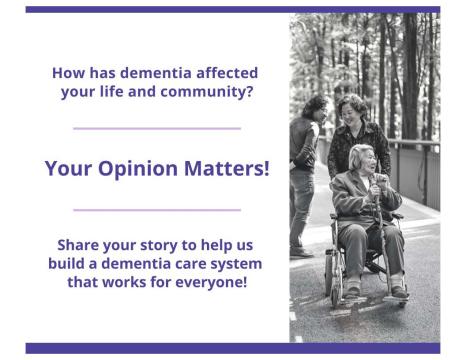 How has dementia affected your life and community? Your opinion matters. next to image of three people