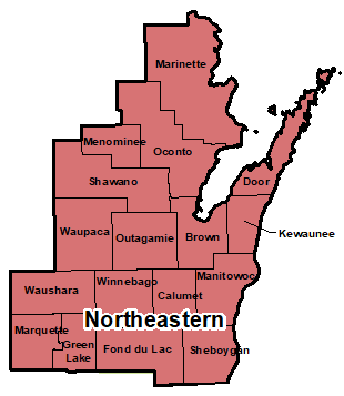 Counties that make up northeastern region for area administration.