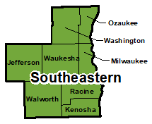 Counties that make up southeastern region for area administration.