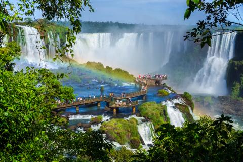 Tourists at Iguazu Falls on the border of Brazil and Argentina