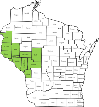 A map of Wisconsin with region 9 highlighted