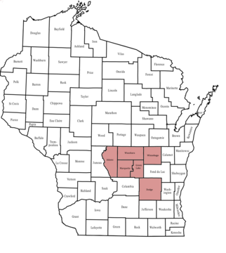 A map of Wisconsin with Region 4 counties highlighted