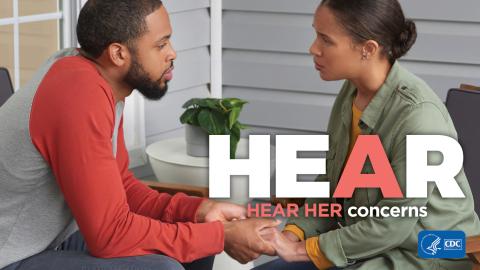 Two adults holding hands with: HEAR Hear Her concerns