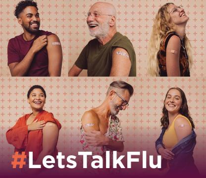 Six adults showing arm with band aid. #LetsTalkFlu