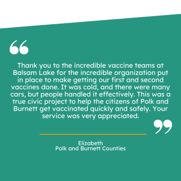 Thank you note to vaccine teams at Balsam Lake