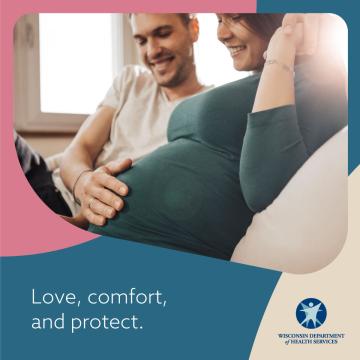 Love, Comfort, and Protect, Man with hand on pregnant woman's belly