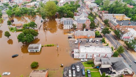 Aerial view of a flooded town