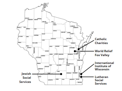Wisconsin map showing locations of refugee health voluntary agencies