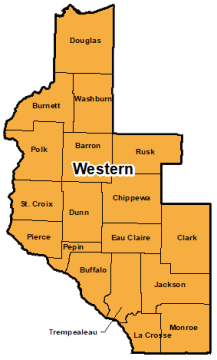 Counties that make up western region for area administration.
