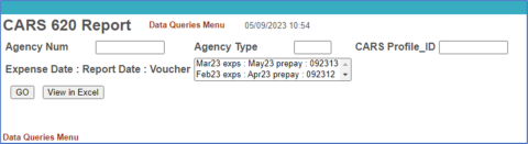 CARS 620 Report Query Menu