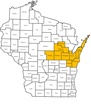 A map of Wisconsin with Region 3 counties highlighted