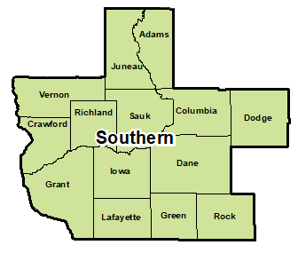 Counties that make up southern region for area administration.