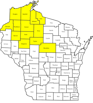 Map of Wisconsin counties highlighting region 1 counties