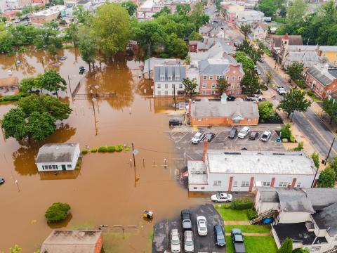 Aerial view of a flooded town