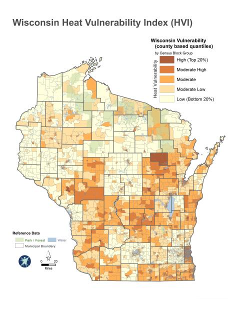 Map showing the Heat Vulnerability Index in Wisconsin