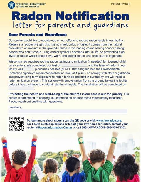 Template notification letter for parents and guardians that child care providers are free to personalize for their center.