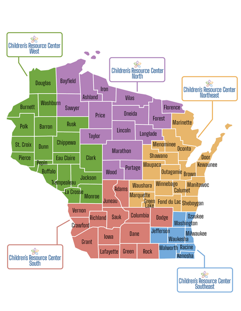 Children's Resource Center Map Shows the North, Northeast, South, Southeast, and West Regions Across Wisconsin