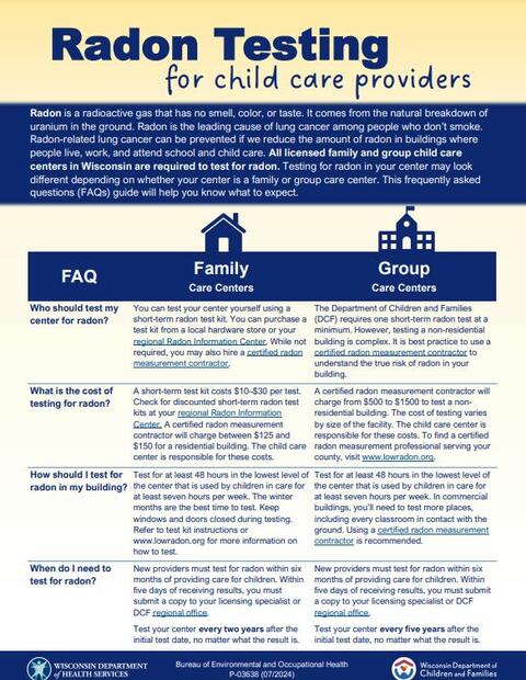 Screenshot of Radon Testing for Childcare Providers fact sheet