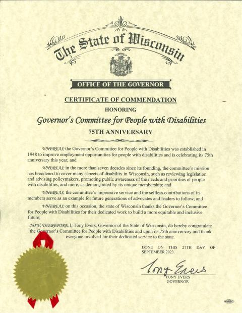 75-Year Anniversary Commendation to GCPD from Governor Evers
