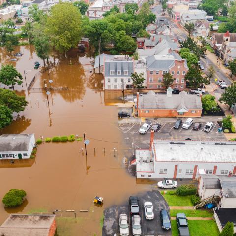 Aerial view of a flooded town