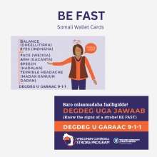 Wallet card with the acronym BE FAST for stroke symptom awareness translated in Somali