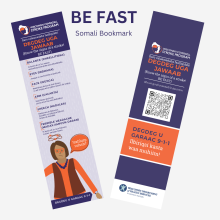 Bookmark with the acronym BE FAST for stroke symptom awareness translated in Somali