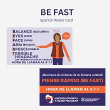 Wallet card with the acronym BE FAST for stroke symptom awareness translated in Spanish