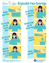 How to use disposable face coverings in eight steps. #MaskUpWisconsin