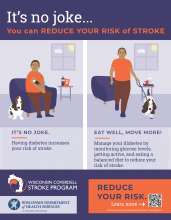 Side by side images showing a drawing of a person using a continuous glucose monitoring device, over text, "It's no joke." Second image shows a drawing of a person getting up to walk their dog, over text, "Eat well, move more."