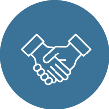 An icon of a handshake in a blue circle