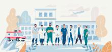 Illustration of various medical personnel outside a medical facility