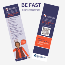 Bookmark with the acronym BE FAST for stroke symptom awareness translated in Spanish