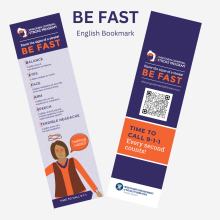 Bookmark with the acronym BE FAST for stroke symptom awareness